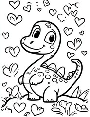 Fototapeta premium cartoon dinosaur and hearts love theme coloring page. ready to print on standard 8.