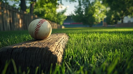 Close-Up of a Vintage Baseball on a Weathered Wood Plank Surrounded by Lush Green Grass in an Outdoor Setting, Capturing Nostalgic Summer Vibes