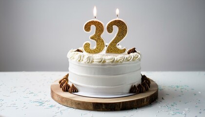 Decorated white cake for birthday or anniversary party, candle number 32, white background