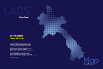 Map of Laos featuring rounded squares with light blue color. The name of the capital marked with a red square. Isolated on a dark blue background. Perfect for various design projects
