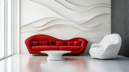 A Modern Living Room With A Red Couch, White Armchair, And White Coffee Table Against A Wavy White Wall. The Scene Is Sleek And Minimalist.