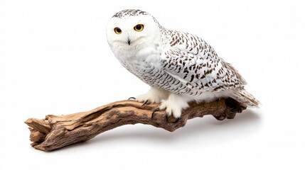 Fototapeta premium Majestic Snowy Owl Perched on a Branch Against a White Background