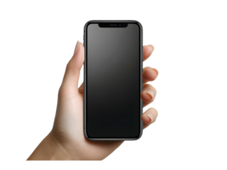 a hand holding smartphone mobile, blank screen for mockup. isolated on a transparent background, cut out, PNG 3D Digital Art, clip art.