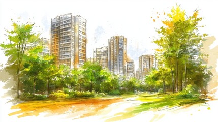 Obraz premium Vibrant Urban Landscape with Modern Buildings and Green Trees