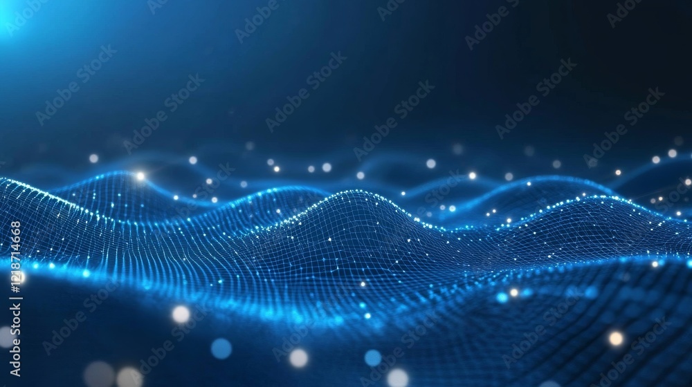 Poster futuristic abstract digital technology background with glowing blue grid, connected data lines, and 