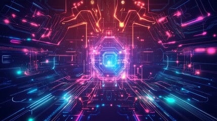 Fototapeta premium Neon Tech Geometry: Abstract Digital Circuit Patterns with Futuristic Aesthetics and Glowing Symmetry