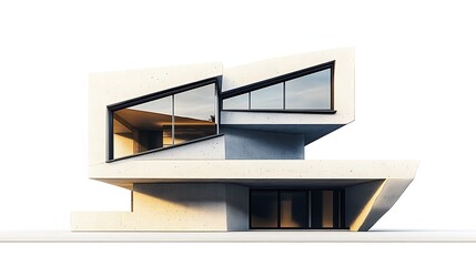 Modern concrete house with geometric design and large windows, isolated on white background.