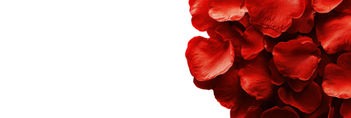 Red rose petals on a bright white backdrop evoke romance, isolated on a transparent background. PNG