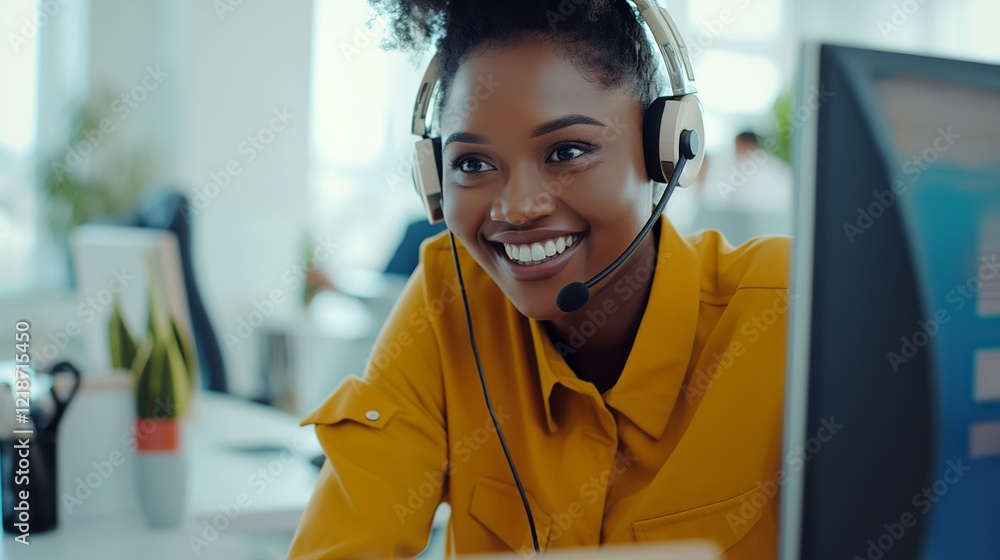 Poster a cheerful customer support representative wearing a headset is ready to assist clients, working dil