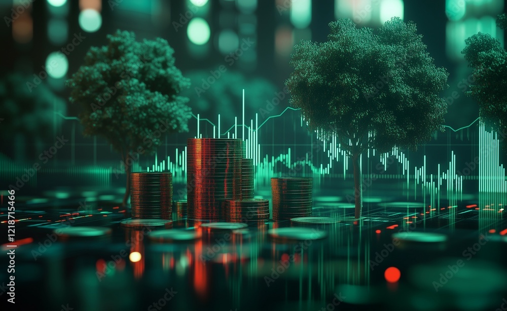 Aufkleber old coins and a growing plant on a green bokeh background with an arrow pointing up, representing th