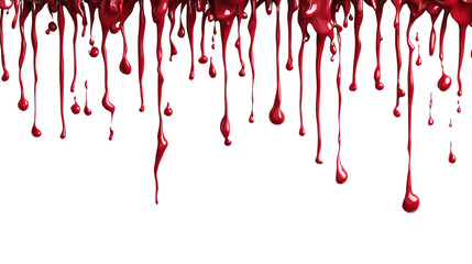 Bright red liquid drips downward, creating a dynamic flow and texture, isolated on a transparent background. PNG