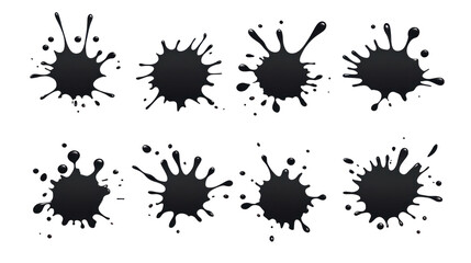 Eight black ink splashes of different sizes and shapes suitable for design use, isolated on a transparent background. PNG
