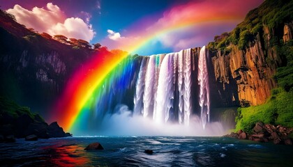 waterfall made of clouds cascading into a vibrant rainbow.- 