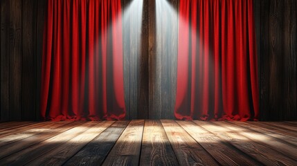 Elegant Red Curtains with Spotlight on Wooden Floor Background