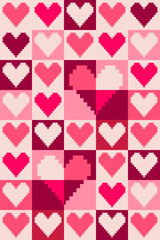 Valentine pixel art design. Yellow, black, red and pink Valentine heart pattern with pixel art design. Celebrating loves ,anniversary and Valentines day. Pixel art pattern for gift wrap and postcard.