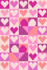 Valentine pixel art design. Yellow, black, red and pink Valentine heart pattern with pixel art design. Celebrating loves ,anniversary and Valentines day. Pixel art pattern for gift wrap and postcard.