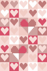Valentine pixel art design. Yellow, black, red and pink Valentine heart pattern with pixel art design. Celebrating loves ,anniversary and Valentines day. Pixel art pattern for gift wrap and postcard.