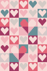 Valentine pixel art design. Yellow, black, red and pink Valentine heart pattern with pixel art design. Celebrating loves ,anniversary and Valentines day. Pixel art pattern for gift wrap and postcard.