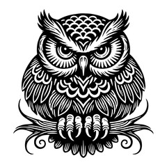 Elegant Great Horned Owl Silhouette with Detailed Feathers, Perched on a Branch, Black and White Vector Art, Isolated on Transparent Background