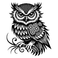 Mysterious Owl Silhouette with Wide-Spanning Wings, Nighttime Hunter Pose, Black and White Vector Illustration, Isolated on White Background
