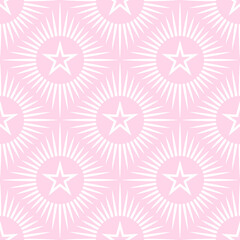 Seamless pattern  with white stars and rays on pink background.