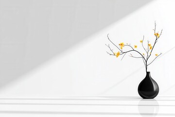 Minimalist vase with yellow flowers casting shadows