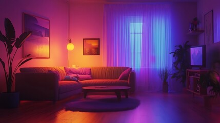 A Modern Living Room with Neon Lighting and a Comfortable Couch