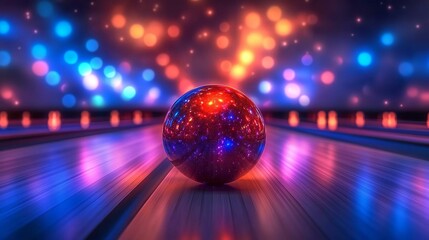 Vibrant cosmic bowling ball on illuminated alley with reflective wooden floor
