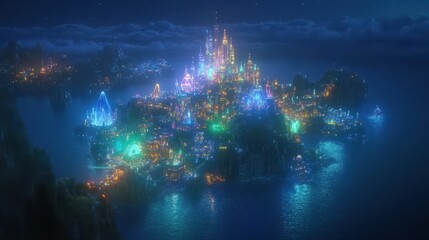 Illuminated Cityscape Island Nighttime Fantasy