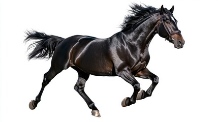 Powerful Black Horse in Full Gallop Against White Background