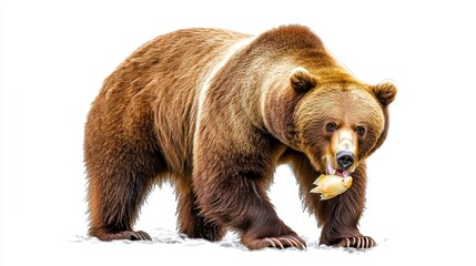 Fototapeta premium Powerful Brown Bear Eating Fish Against White Background