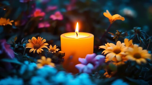 Glowing candle surrounded by colorful blossoms in tranquil garden setting