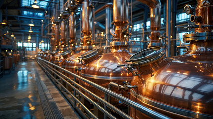 Many copper stills glowing in a modern distillery making alcohol