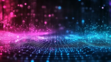 Obraz premium Futuristic digital landscape with neon light patterns and abstract cyber grid