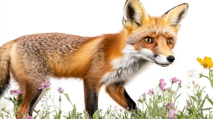 Fototapeta premium Red Fox Among Wildflowers A Close Up Portrait