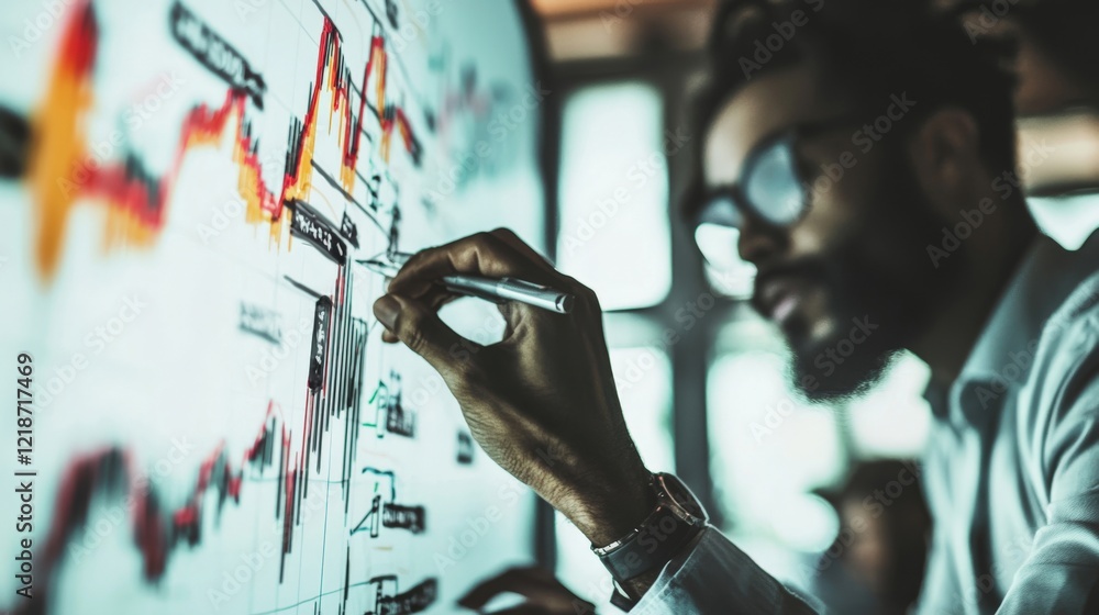 Poster business professional analyzing data trends on digital screen with investment charts and graphs in o
