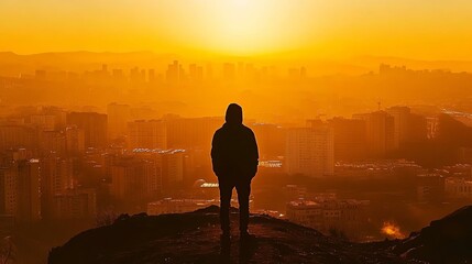 Fototapeta premium Silhouette of a person overlooking a cityscape at sunset