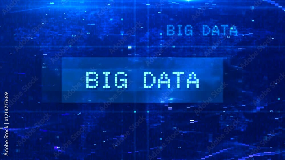 Poster big data digital text animation over futuristic world map and hud effects