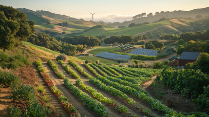Fototapeta premium Lush Green Hills with Rows of Crops at Sunrise