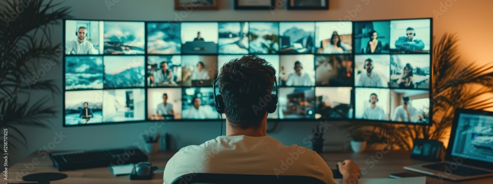 Poster man engaged in virtual meeting with multiple screens displaying diverse participants and scenic back