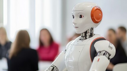 Innovative humanoid robot at business meeting with professionals