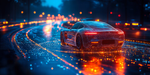 Futuristic Smart Car on Digital Roadway Representing Mobility-as-a-Service in Night Cityscape