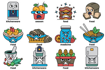 A set of illustrations in the concept of food and electrical appliances with facial expressions