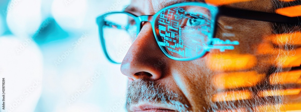 Poster close-up view of professional man wearing glasses analyzing digital data and visualizations on scree
