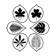 This graphic design showcases a collection of stylized tropical leaves and flowers in black and white