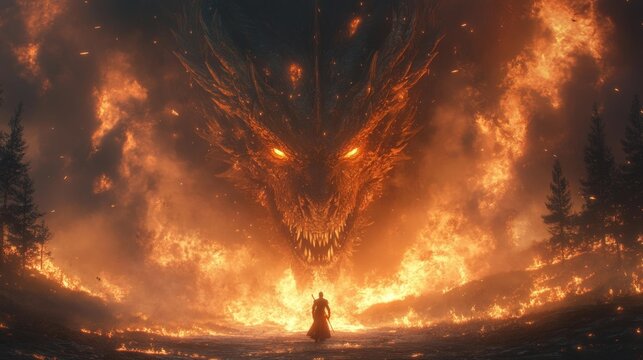 Heroic warrior facing apocalyptic dragon in fiery inferno. Generative AI