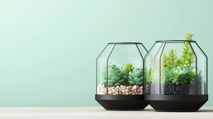 Elegant terrariums filled with lush succulents in modern glass containers.