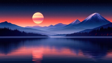 Serene Sunset Over Mountain Landscape with Reflective Water Surface