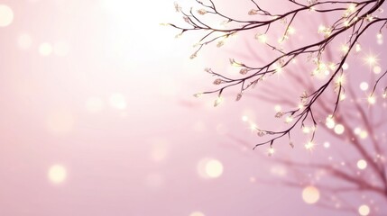 Obraz premium Magical winter branch with glowing lights pink background