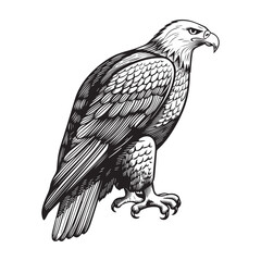 Black and White silhouette Eagle Line Art with Intricate Feather Details and Powerful Close-Up Perspective